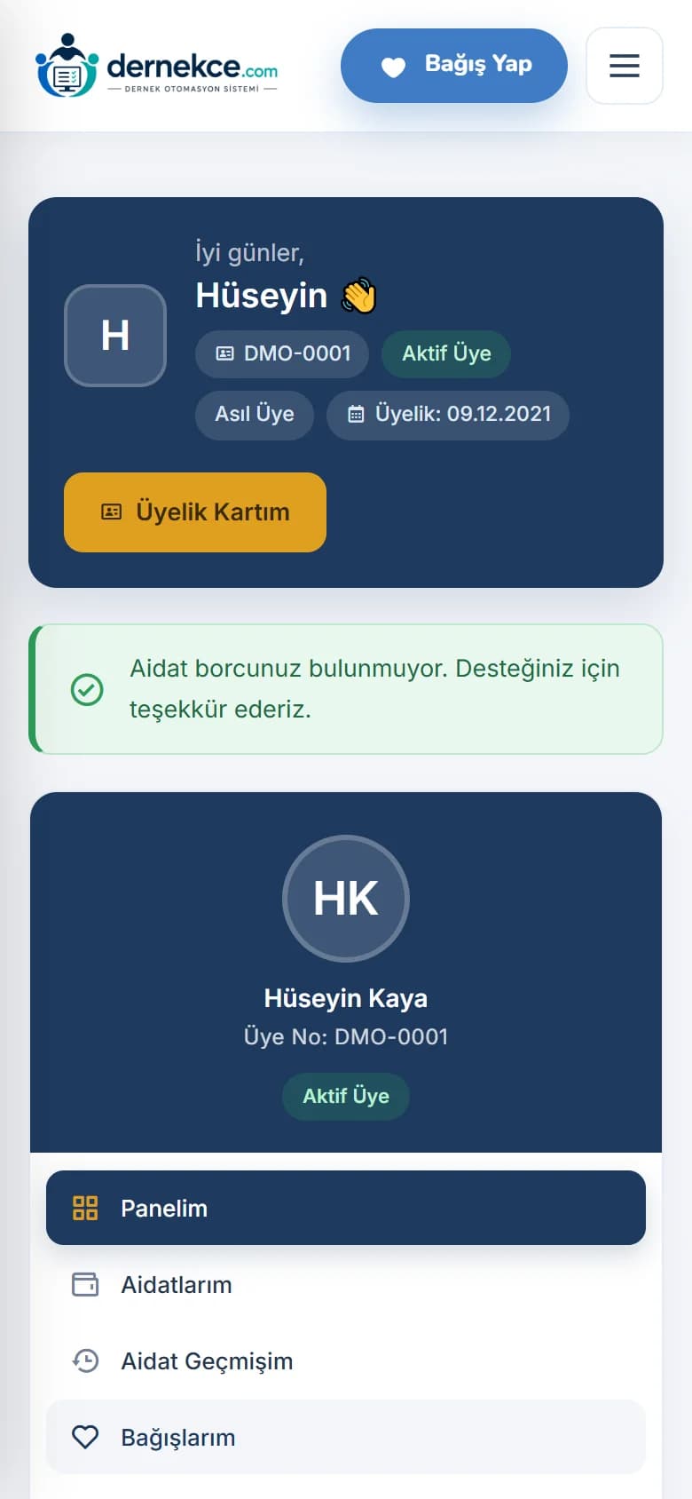 Dernekçe üye paneli telefonda: karşılama kartı, üye numarası ve aidat durumu