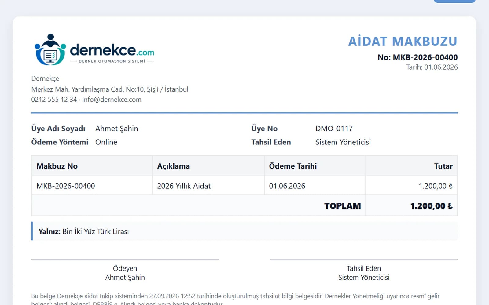 Otomatik numaralı aidat makbuzu örneği