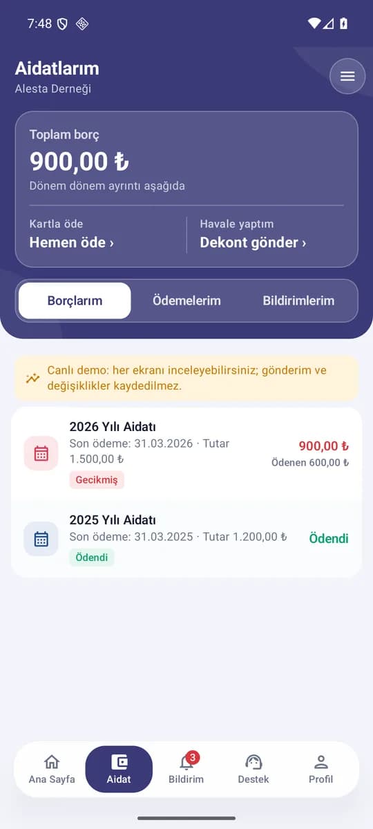 Dernekçe üye uygulaması — Aidatlarım ekranı