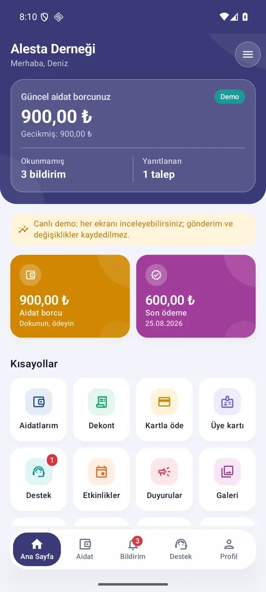 Dernekçe üye uygulaması — Ana sayfa ekranı