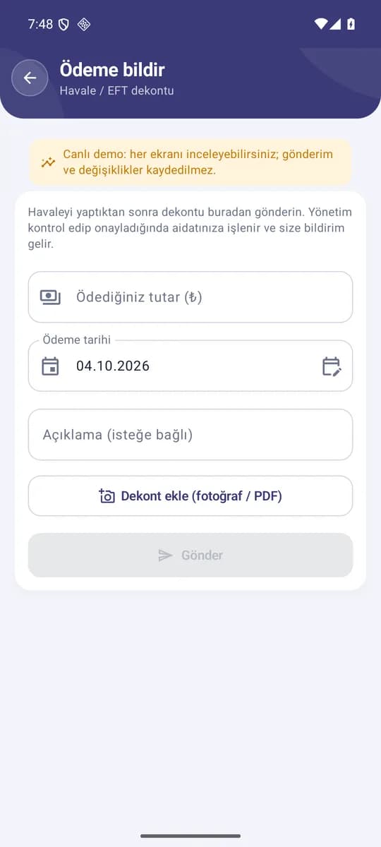 Dernekçe üye uygulaması — Dekont gönder ekranı