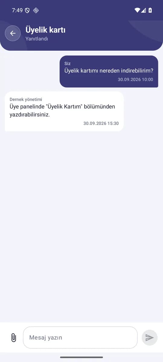 Dernekçe üye uygulaması — Destek talebi ekranı